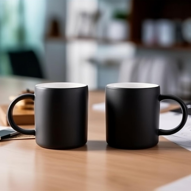 dos tazas de café negro sentadas en una mesa con un teléfono generativo ai