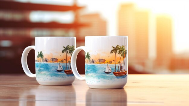 Foto dos tazas de café con una pintura de un barco en el agua generativa ai