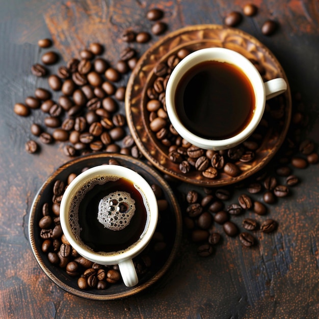 Dos tazas de café y un plato de café en una mesa con frijoles