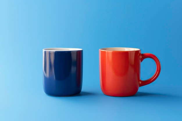 Dos tazas de café rojo y azul metáfora para la elección aislado en el fondo del estudio