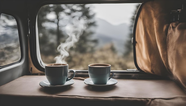 dos tazas de café y una taza de café en el umbral de la ventana
