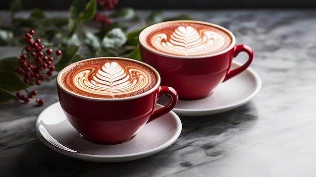 Dos tazas de capuchino rojas sobre una mesa de mármol, una combinación perfecta de elegancia e indulgencia