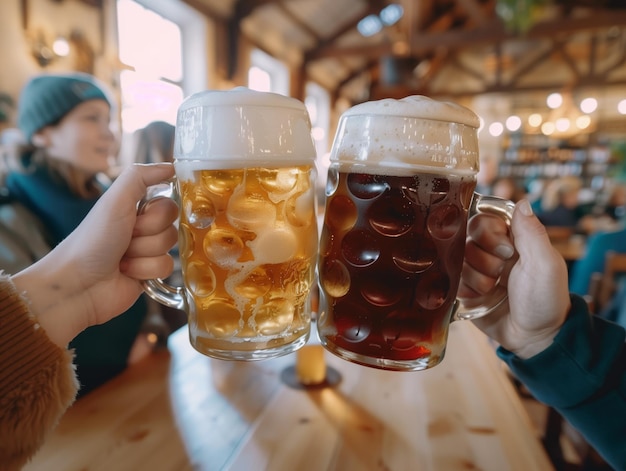 Dos tazas de cerveza brindando en un entorno interior social