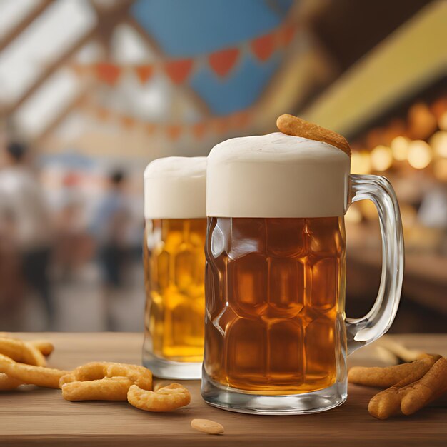 dos tazas de cerveza con pan y galletas en una mesa