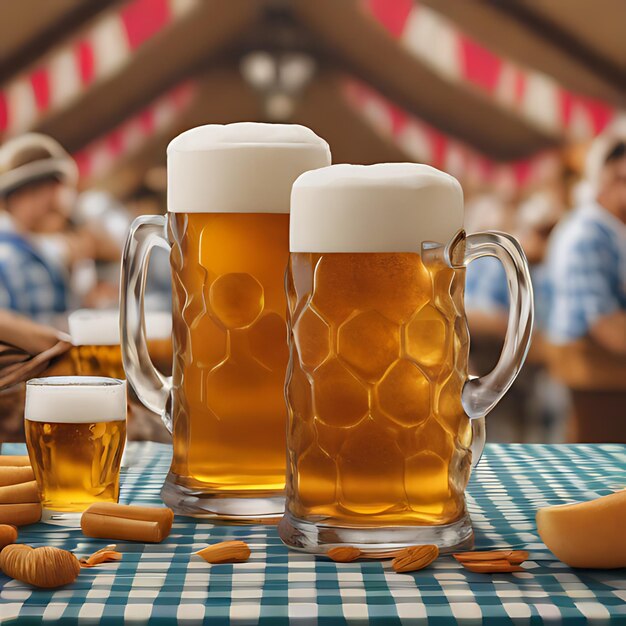 dos tazas de cerveza se sientan en una mesa con otras tazas de cerveja