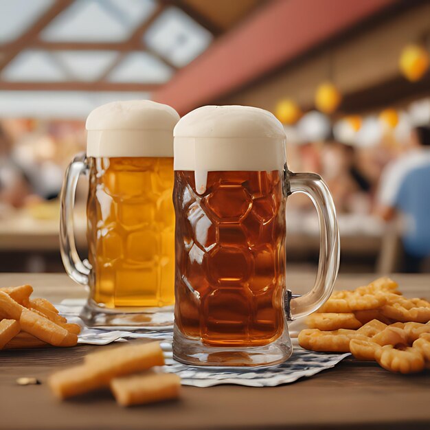 Foto dos tazas de cerveza y una taza de cerveza con las palabras lager en ella