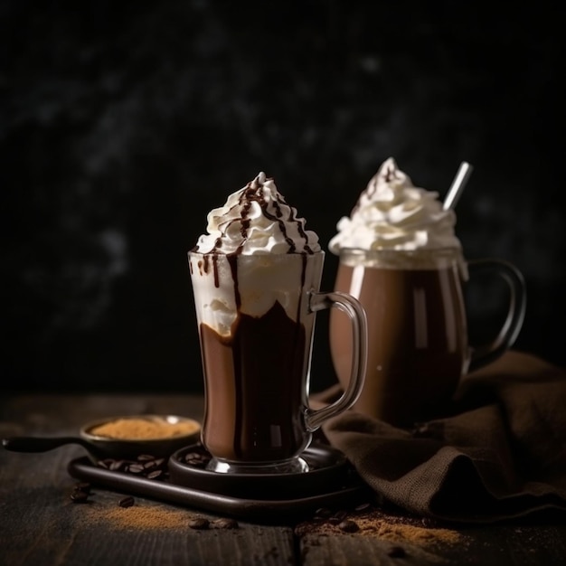 Dos tazas de chocolate caliente con crema batida y una servilleta marrón.