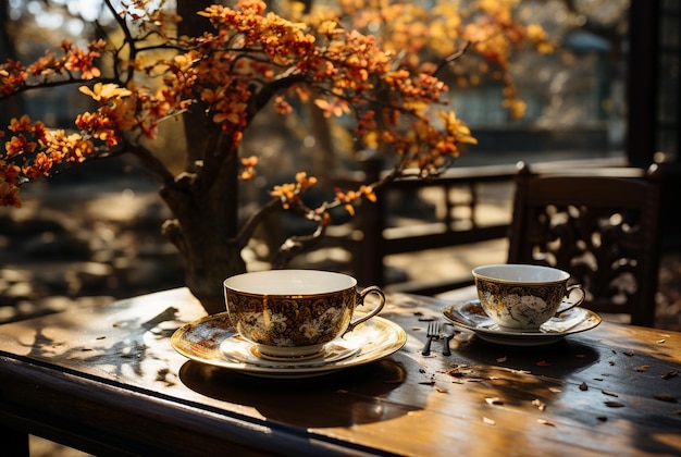 Dos tazas y decoración otoñal con flores día soleado IA generativa