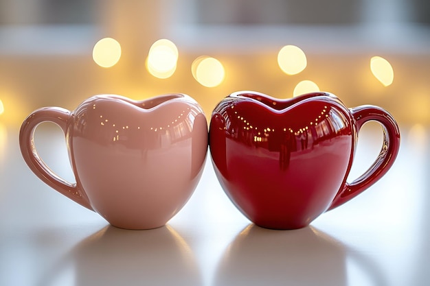 Dos tazas en forma de corazón con un suave resplandor dorado en la superficie blanca