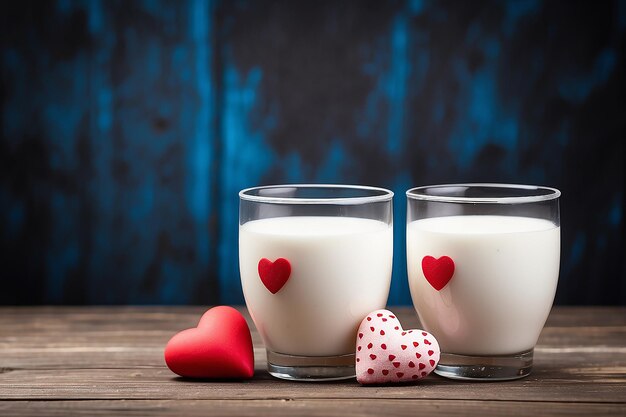 Foto dos tazas de leche con corazones decorativos en la mesa de madera con espacio para el concepto de texto del día de san valentín