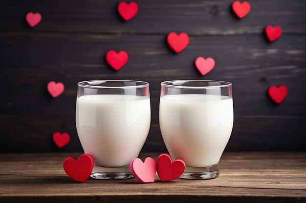 Foto dos tazas de leche con corazones decorativos en la mesa de madera con espacio para el concepto de texto del día de san valentín