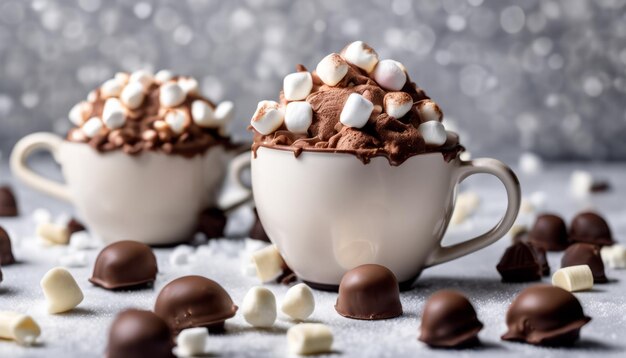 Foto dos tazas de malvaviscos y chocolate