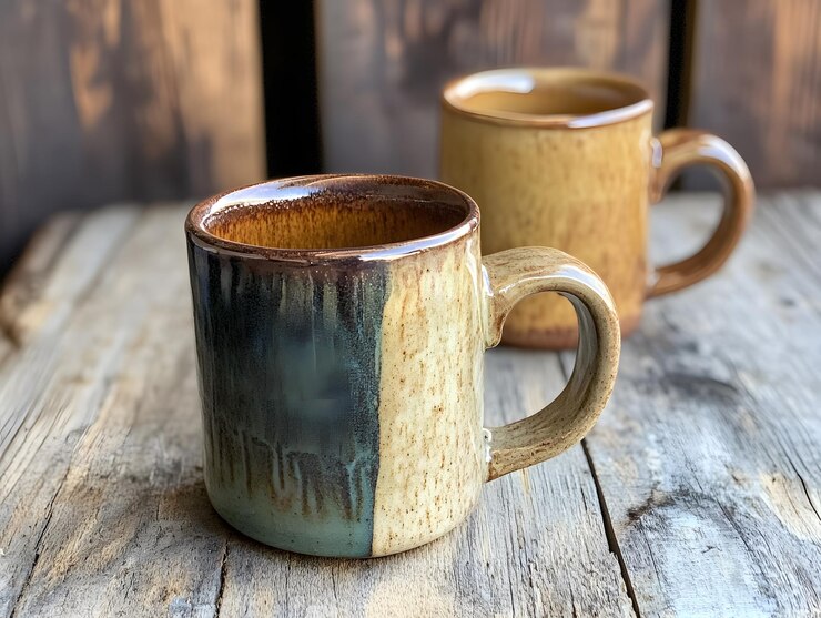 dos tazas en una mesa con las palabras café en el lado