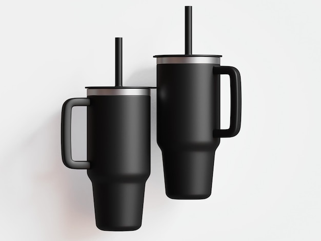 dos tazas negras con las manijas apuntando hacia arriba y una tiene un mango negro