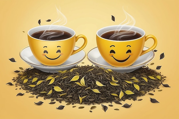 Dos tazas y una sonrisa de hojas de té secas sobre un fondo amarillo Día internacional del té 21 de mayo venta de té