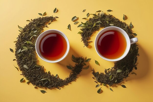 Dos tazas y una sonrisa de hojas de té secas sobre un fondo amarillo Día internacional del té 21 de mayo venta de té