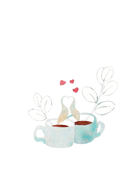 Dos tazas de té decoradas con corazones y hojas - concepto de cita romántica