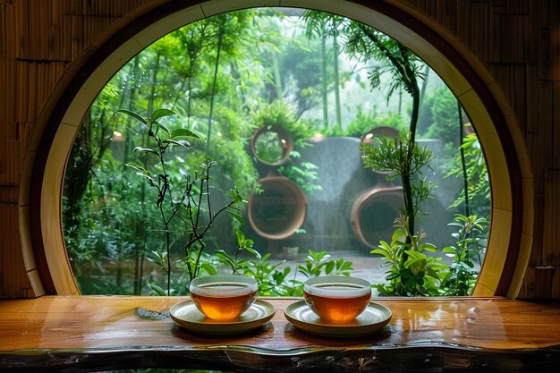 Foto dos tazas de té en una mesa con una vista de una cascada