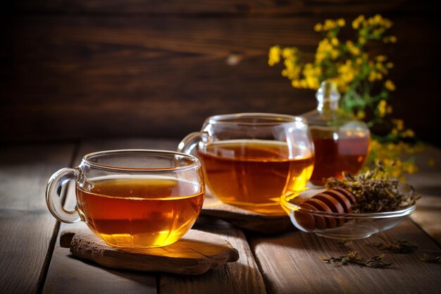 Dos tazas de té y miel sobre un fondo de madera