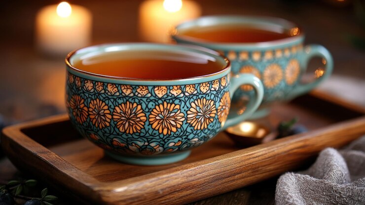 Dos tazas de té ornamentadas llenas de té de ámbar en una bandeja de madera con velas en el fondo que crean una atmósfera cálida y acogedora