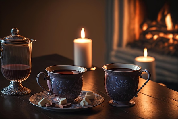 Dos tazas de té se sientan en una mesa junto a una chimenea con una vela en el fondo.