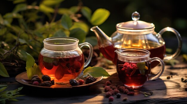 dos tazas de té con una tetera y una taza de té en el fondo