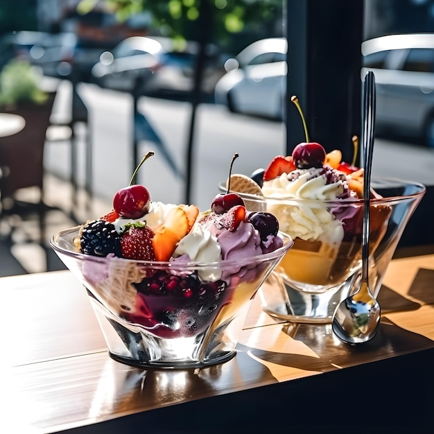 Dos tazones de helado con fruta en la parte superior y un vaso de vidrio con una cuchara a la derecha.