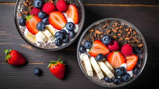 dos tazones de pudín de chía cubiertos con fresas IA generativa