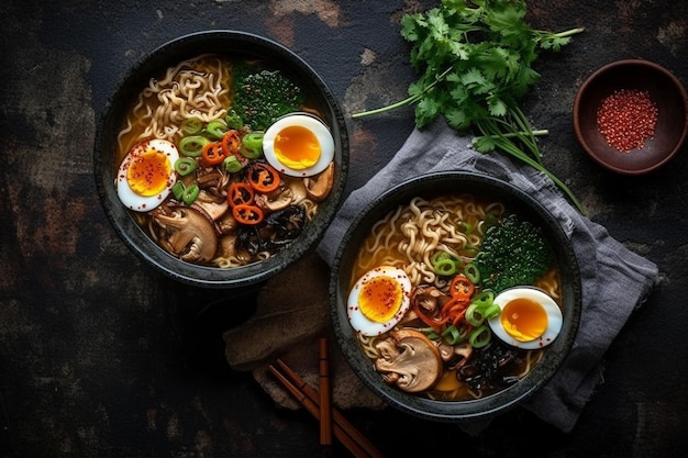 Dos tazones de ramen con un huevo cocido al lado.