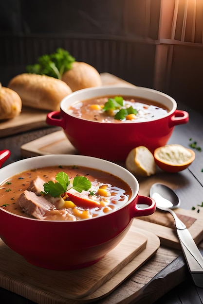 Dos tazones de sopa con un plato de carne y verduras.