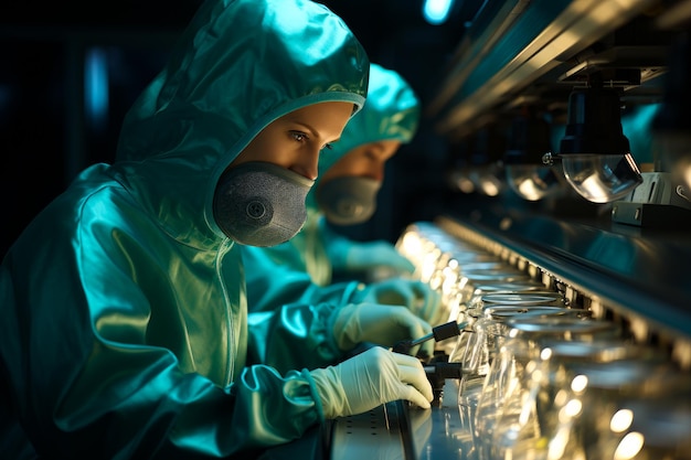 Dos técnicas están trabajando en el laboratorio, llevan trajes de protección y máscaras.