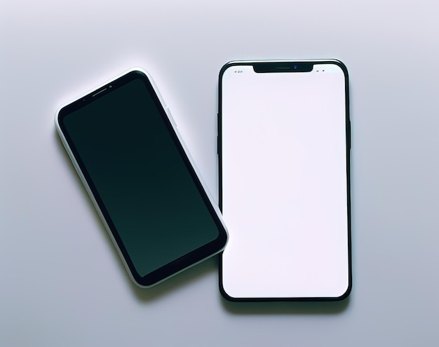Dos teléfonos celulares uno al lado del otro, uno de los cuales es una pantalla en blanco.
