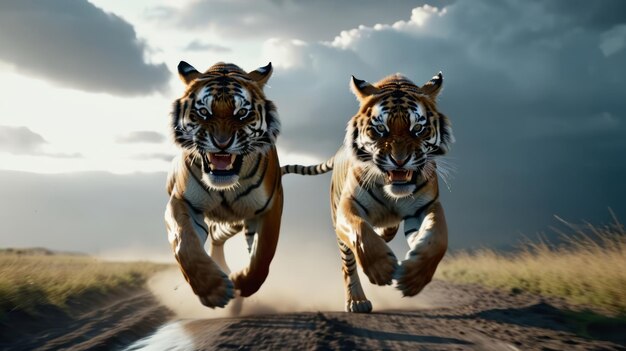 Foto dos tigres corren por un camino de tierra