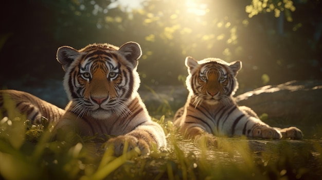 Dos tigres tumbados en la hierba con el sol brillando sobre ellos