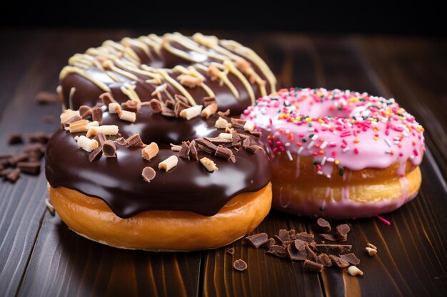 Dos tipos diferentes de deliciosas rosquillas en una mesa de madera