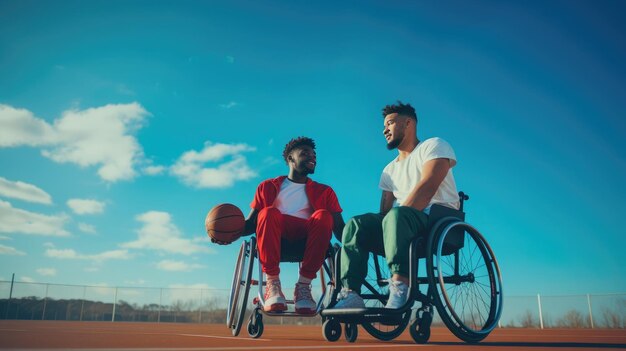 Foto dos tipos en sillas de ruedas jugando al baloncesto