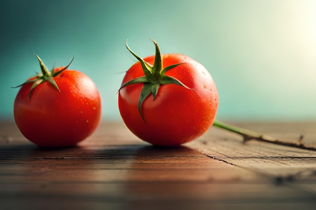 Dos tomates en una mesa de madera con un fondo verde
