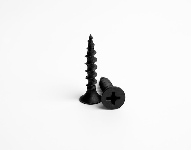 Dos tornillos metálicos negros para sujetar objetos, pernos, tuercas y clavos Foto de primer plano sobre fondo blanco