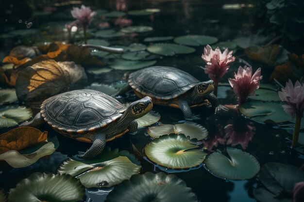 Foto dos tortugas en un estanque con nenúfares y nenúfares.