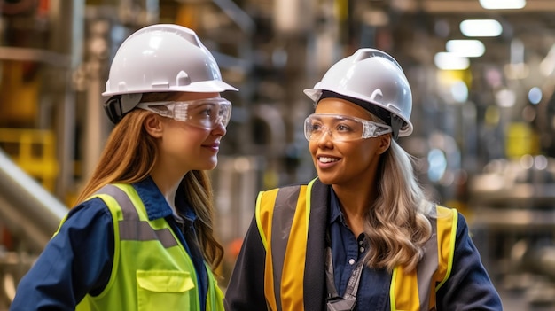 Dos trabajadoras de la fábrica con ropa de protección