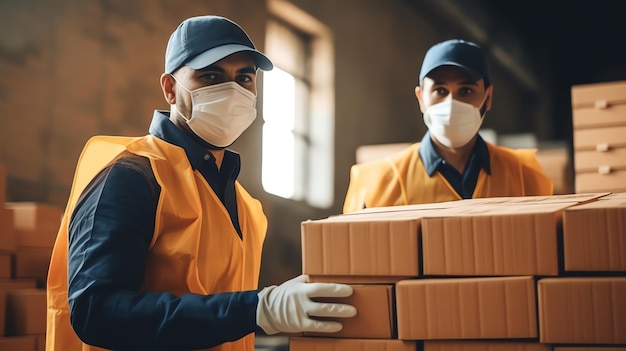 Dos trabajadores en un almacén con cajas en las manos.