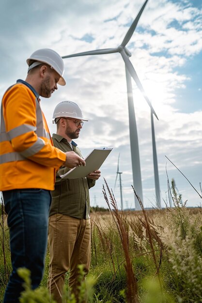 Dos trabajadores ambientales en una generación de energía eólica