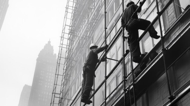 Dos trabajadores en el andamio contra un edificio de ladrillo