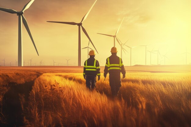 Dos trabajadores en un campo con turbinas eólicas al fondo