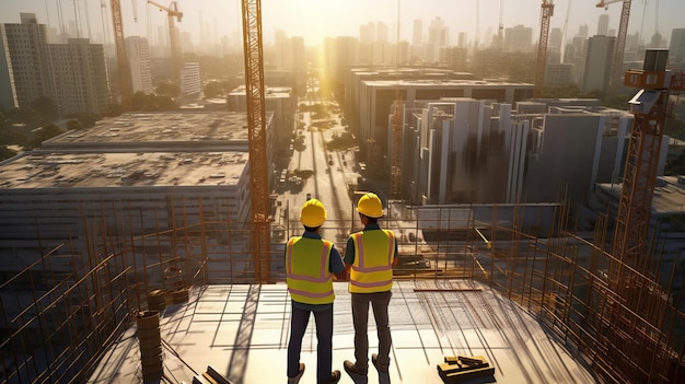 Dos trabajadores de la construcción encima de un edificio en construcción