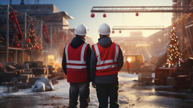 dos trabajadores de la construcción están de pie en la construcción de la decoración de Navidad