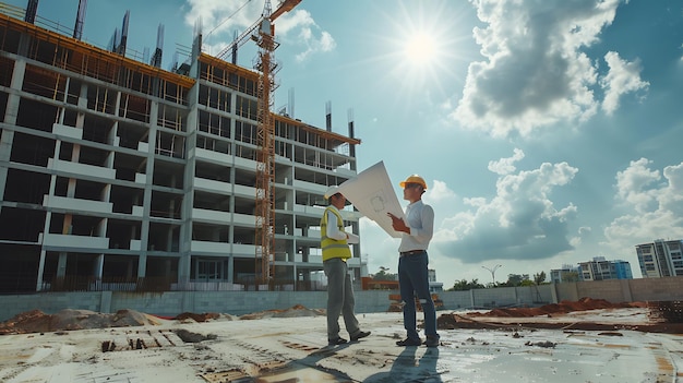 Dos trabajadores de la construcción están de pie frente a un edificio en construcción