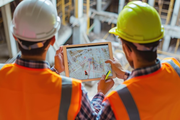 Foto dos trabajadores de la construcción estudiando un mapa en una tableta discutiendo planes e instrucciones para su proyecto equipo de ingeniería en el sitio usando tabletas y software de construcción en tiempo real ai generado