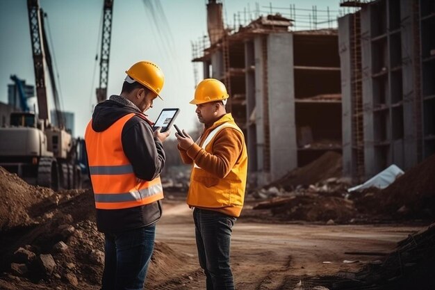 dos trabajadores de la construcción de pie uno al lado del otro