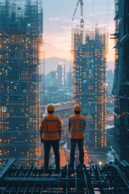 Dos trabajadores de la construcción de pie en la cima de un edificio